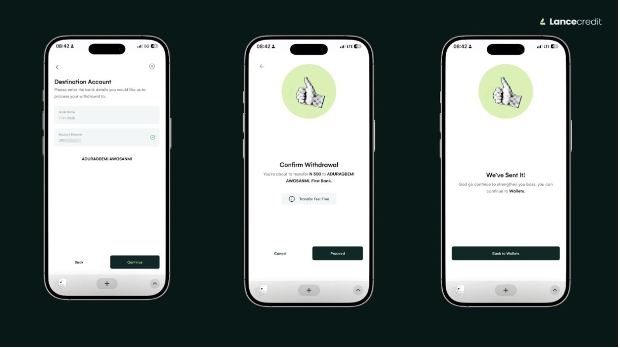 Destination account screen